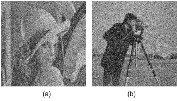 그림 2는  Lena 영상과 Camera man 영상에 잡음 밀 도가 40%인 임펄스 잡음을 첨가하였을 경우의 영상이 고, 그림 3은 제안한 방법과 기존 방법들의 시뮬레이션 한 결과이다
