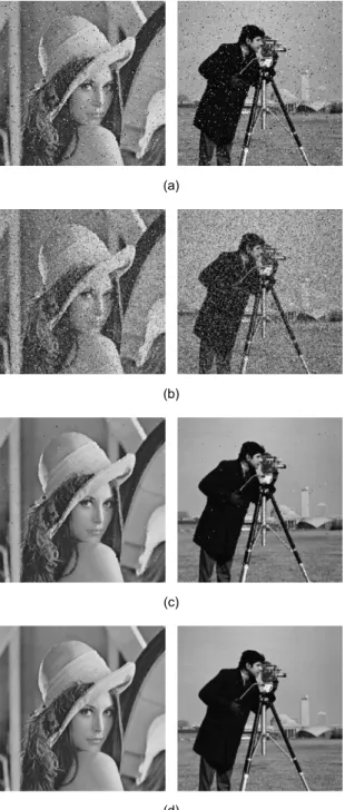 Fig. 3 Simulation result of Lena and Camera man image  (a) SMF (b) A-TMF (c) CWMF (d) PFA