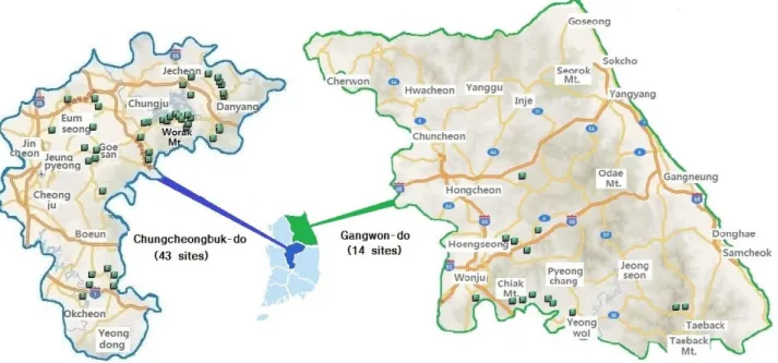 Fig. 1.  Sampling sites of the survey area for comparing soil characteristics in Gangwon and Chungcheongbuk-do.