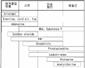그림 1. 천식에서  기도  과반응성의  원인과  작용부위(from  Holgate) 표 1. 메타콜린  유발검사에서  사용되는  메타콜린의  농도와  누적 용량메타콜린  농도(mg/ml)누적 용량(흡입  단위)*0.10.51.02.05.010.025.00.538184393218*:메타콜린  1mg/ml농도를  1회  흡입시  1  흡입단위로  계산하고  5회  흡입 후 누적  요량     3