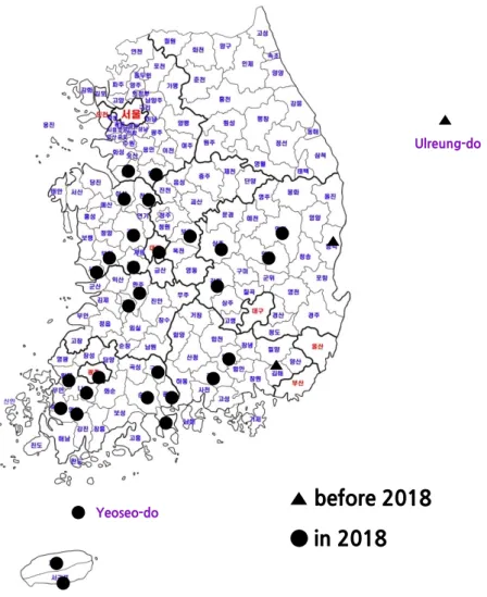 Fig. 2.  Distribution map of an invaded weevil,  Ceutorhynchus obstrictus  (cabbage seedpod weevil, CSPW) collected in 2018.