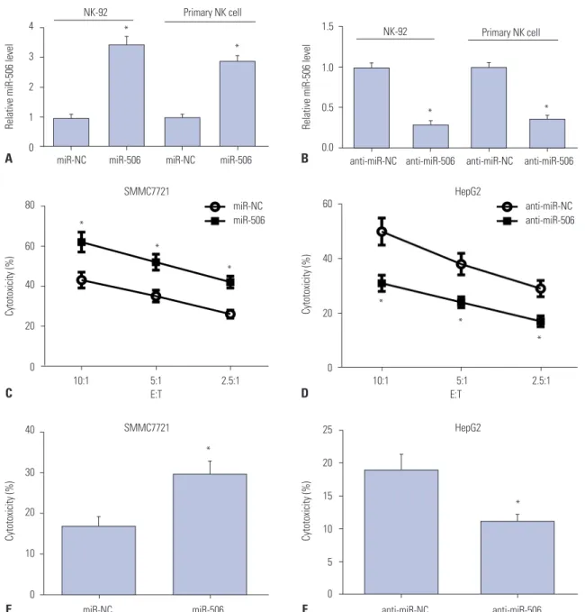 Fig. 2. miR-506 overexpression enhanced NK cell cytotoxicity against HCC cells. (A and B) NK-92 and primary NK cells were transfected with miR-506,  anti-miR-506, or matched controls, and miR-506 expression was then examined by quantitative real-time PCR