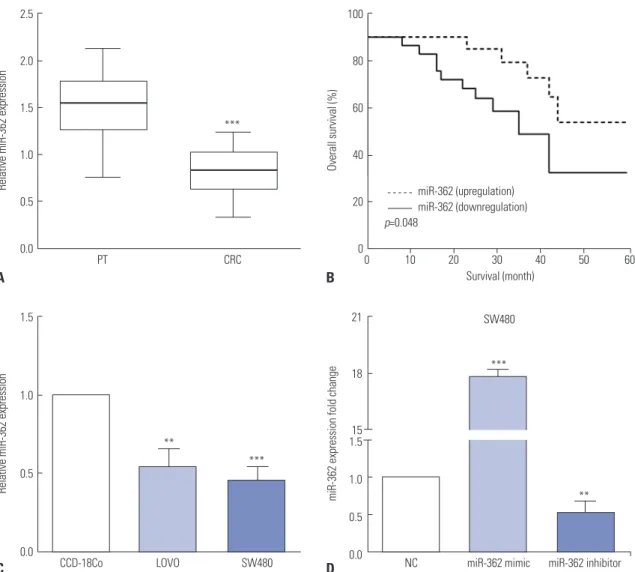 Fig. 1. miR-362 expression was low in CRC, and downregulation of miR-362 predicted poor prognosis