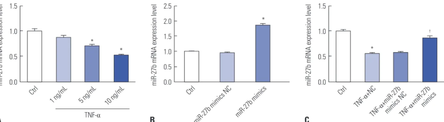Fig. 2. The effects of TNF-α and miR-27b mimics on the proliferation of  MH7A cells were determined by MTT assay