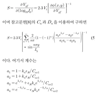 그림 1은  이  논문에서  사용한  비대칭  이중게이트  MOSFET의 개략도이다.   방향에 대한 전위분포에 대 한 변화를 무시하면 단지   와   방향에 대한 전위분포 만을 구할 수 있다