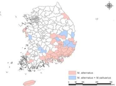 Fig. 1.  Current distribution of M. alternatus in Korea (NIFS, 2014).