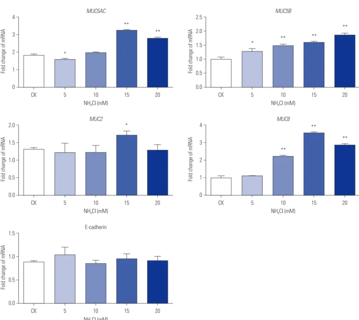 Fig. 7. qPCR analysis of mRNA expression of mucins in CagA-transfected AGS cells treated with different NH 4 + concentrations