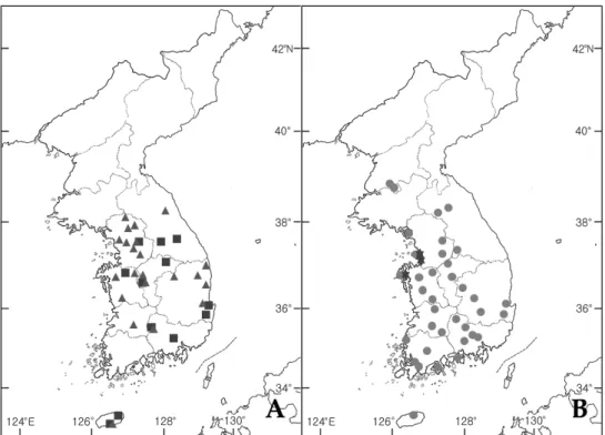 Fig. 6.  Distribution maps. A:  Berosus (B.) japonicus (square), B. (B.) punctipennis (triangle); B: B