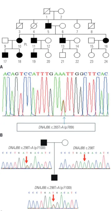Fig. 2. Pedigree and electropherogram findings of three limb-girdle  muscular dystrophy type 1D patients