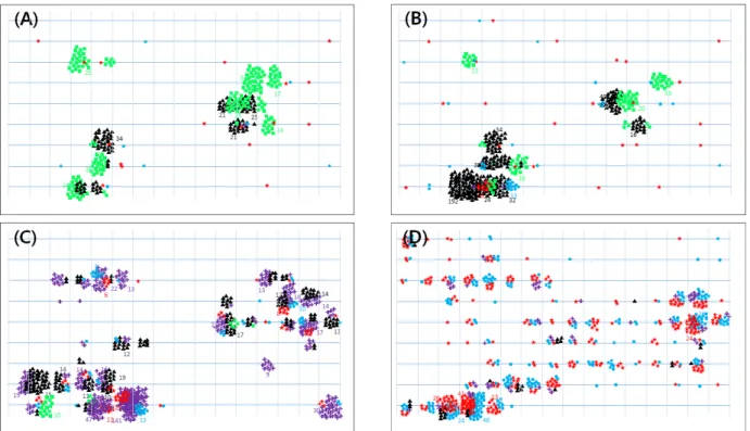 Fig. 6.  Spatial distribution map of the winter cherry bug in a pepper field on July 30 (A), August 13 (B), August 26 (C), and September 17 (D)  of 2015