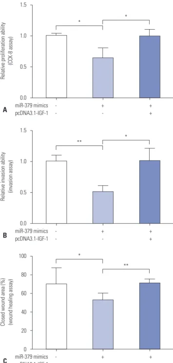 Fig. 4. The effect of enforced expression of IGF-1 on cell proliferation,  invasion, and migration of VSMCs