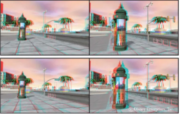 Fig. 1 S3D R-C anaglyph of example video(Source: Disney  Enterprise, Inc.) 좀 더 구체적인 예를 들어 설명을 하면, 그림 1 은 물 체에 근접함에 따른 시차(disparity)의 변화를 표현한 것 인데 상단의 그림인 경우 인간이 자연스럽게 느끼는 시 차를 갖는 근접 장면(scene)을 보여주고 있는 반면 하단 의 그림의 경우는 사람의 인지모델을 고려하지 않고 오 직 컨텐츠 제작 장비의 시점에서 촬