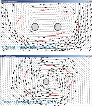 그림 5.  벡터 필드를 이용한 개체 군집 시뮬레이션 스크린 캡처 Fig. 5 An examples of crowd simulation using a vector  field generated through radial-basis function.