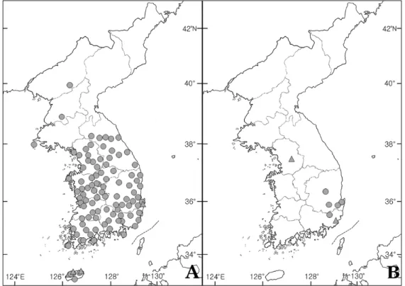 Fig. 6.  Distribution map. A: Laccophilus difficilis (circle), L. kobensis (triangle); B: L