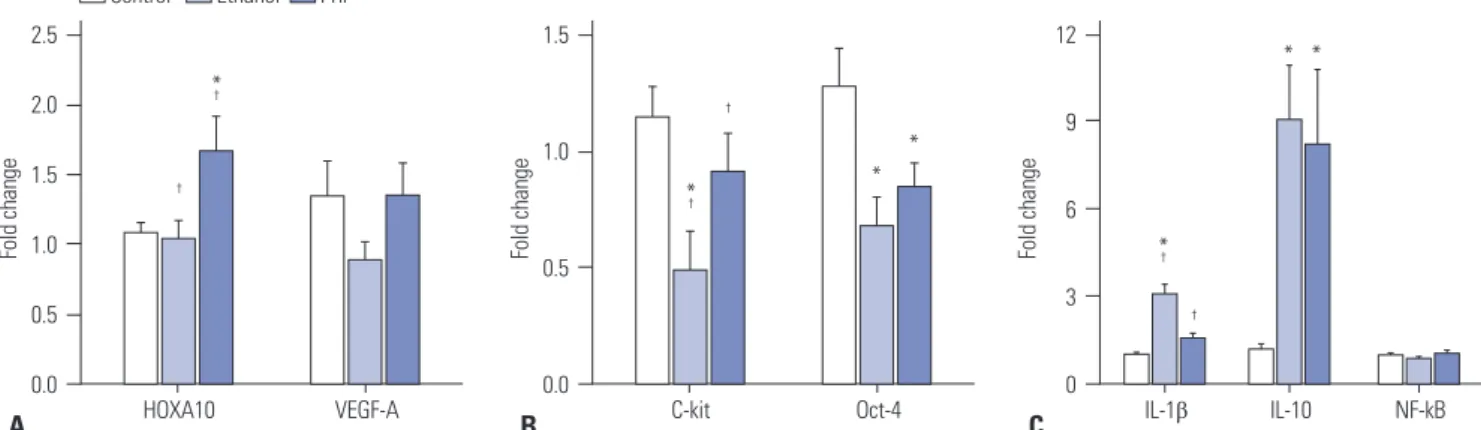 Fig. 4. The quantitative fold changes in the expression of the target gene (HOXA10, VEGF-A, c-Kit, Oct-4, IL-1β, IL-10, and NF-κB) relative to the inter- inter-nal control gene (β-actin) were ainter-nalyzed using real-time PCR