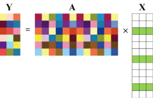 Fig. 1 Model of widely known compressed sensing for  MMV  ,   ,   는 양수이고,     임을 가정할 때, 본 논문에서 은 측정벡터들의 길이를 나타내고, 는 복수 측정벡터의 수를 나타낸다