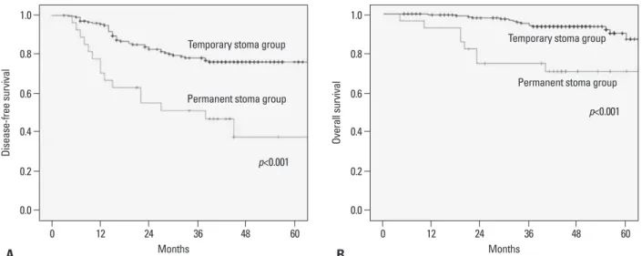 Fig. 2. Kaplan-Meier curves of 231 patients with temporary stomas. (A) Disease-free survival