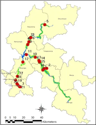 Figure 1. Location of study sites selected in riparian zones restoration area of the Han River watershed