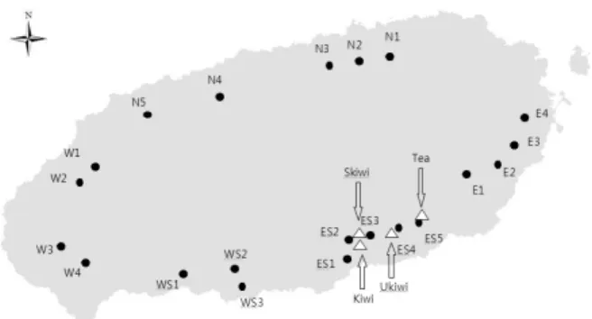 Fig. 1.  The map of sampling sites of citrus orchards, kiwi  orchards and green tea farm on Jeju Island, Korea ( ●: sampling  sites, arrows: green tea farms or kiwi orchards; N, S, E and W  means North, South, East and West, respecively; Ukiwi and Skiwi  m