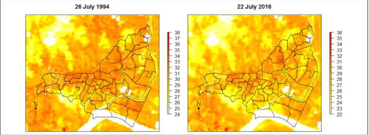 Figure 5. Distribution of the land surface temperature(°C). White area represents pixels of water and clouds and excluded from analysis.