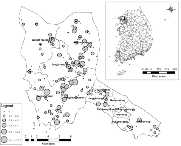 Fig. 4.  A graduated symbol map of anopheline larval density of each investigation point (Quantitative values of symbols are represented  by natural breaks (Jenks).