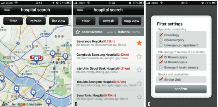 Fig. 2. Finding nearby hospitals. The Stroke 119 application provides information on nearby hospitals in a map view (A) and a list view (B)