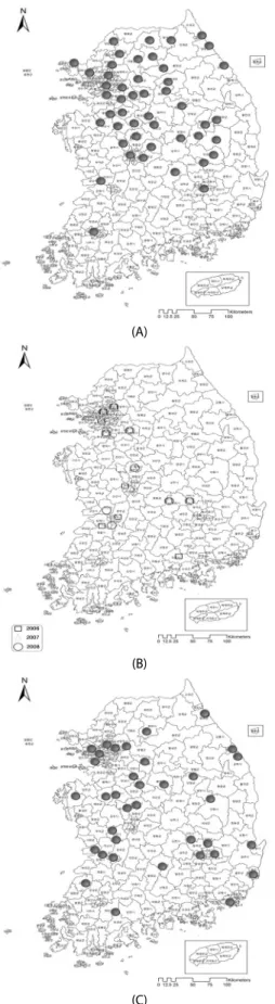 Fig. 1.  The distribution map of H. cunea in Korea.