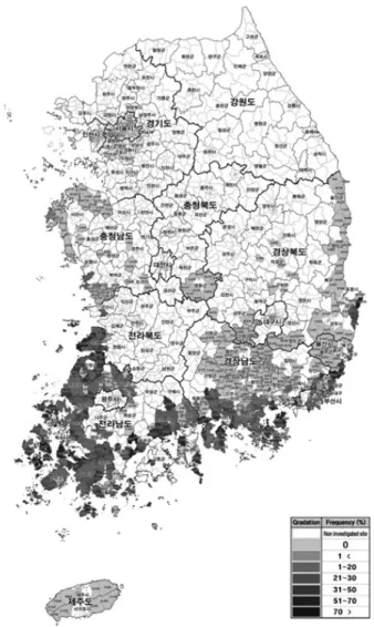 Fig. 2.  Map of damaged areas of  Matsucoccus thunbergianae  in Korea, 2010.
