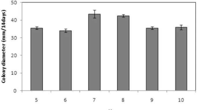 Fig. 2.  Effect of different temperatures on mycelial growth of  Cordyceps nutans on PDA medium for 14 days in dark conditions.