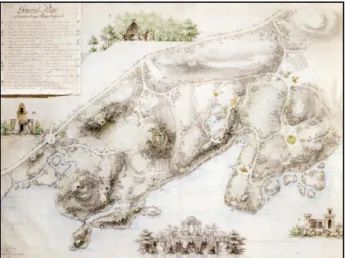 Figure 3. Fredrik Magnus Piper, General plan for the park at Haga, 1781. Pictorial views of plants are hybridized to orthogonal projections of a ground and architectural structures.