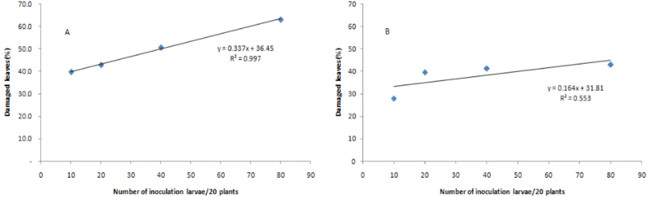 Fig. 1. Regression between damaged leaves ratio and different density of S. exigua. A: 5 days inoculation after transplanting, B: 20  days inoculation after transplanting.