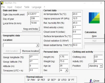 Figure 4. RayMan Pro. Version 2.2(Matzarakis et al ., 2010) Figure 3. Instruments setup for microclimatic data collection다