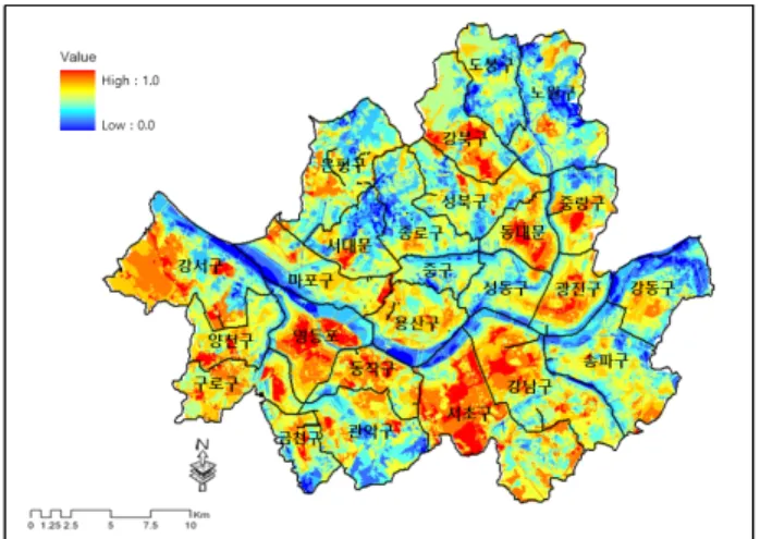Figure 3. Predictive thermal environment vulnerability assessment map 설 보유 가구가 다른 지역에 비해 많을 것으로 예상되기 때문 에, 자료수집의 한계로 활용하지 않았던 ‘적응능력’ 분야의 에 어컨 보유 현황 지표가 분석에 반영되었다면, 종합적인 열환경 취약성 평가의 결과가 달라졌을 것으로 예상된다