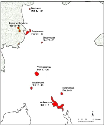 Figure 1. The location of cultural heritage site in Odaesan National Park 2. 조사내용 및 방법 오대산국립공원 공원문화유산지구의 토지이용유형별 식생구 조 특성을 알아보기 위하여 공원문화유산지구의 토지이용유형 을 조사하고 산림은 현존식생조사를 통하여 세분화하였다