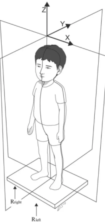 Fig. 1. Subjects were instructed to stand in a comfortable position while barefoot with each foot on 1 force platform with their arms hanging at their sides