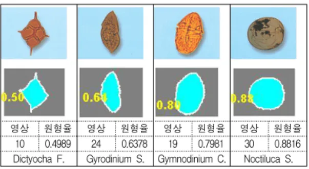 그림  3.  적조생물의  원형률  계산  결과 Fig.  3  Result  of  calculating  of  circle  rate  of  red  tide  algae 