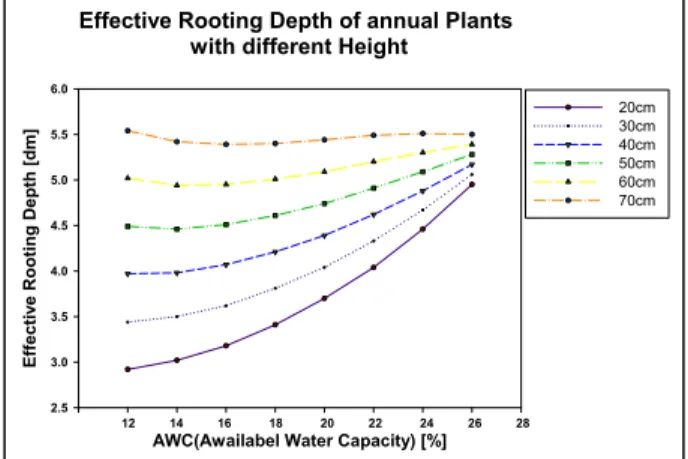 Figure 7. Effective rooting depth of annual plants with different height, plotted by author according to the equation