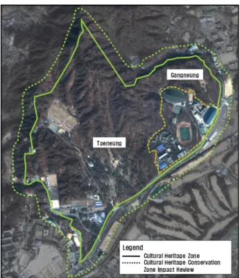 Figure 3. Satellite pictures of Taeneung(泰陵) around Cultural Heritage Zone(1969) Source: CHA, 2008 나무, 느티나무 등 낙엽활엽수 위주로 사릉에서 분양받은 수목 을 직접 식재하였으며, 조선왕릉은 수목 대부분을 사릉에서 직 접 재배한 수목을 중심으로 식재하고 있었다