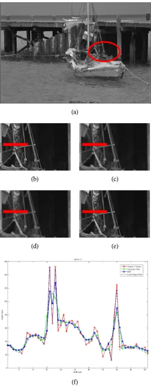 Fig.  3.  Compare  the  NR  results  :  (a)  Original  (b)  Original  +  Noise  (c)  GF  (d)  LSF  (e)  MSF  (f)  1D  plot