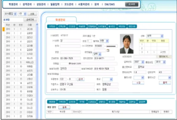 그림  7의  ‘성적관리’ 메뉴는  정기고사, 모의고사의  자 료를  엑셀로  일괄입력  받아  성적을  산출한다. 교사는  자 신의  지도하는  학생의  성적을  전체  학생과  비교  분석하 여  학생에게  제시함으로서  학생의  교과  지도  및  진로지 도에  활용하여  학업성취도를  높일  수  있다