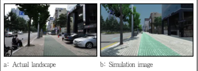 Figure 2. Compare between actual landscape and simulation image 간 등의 제약으로 이동경로를 제한하였다