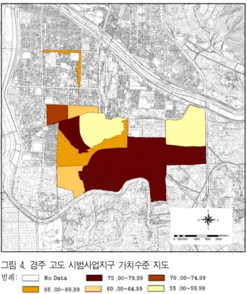 그림 4. 경주 고도 시범사업지구 가치수준 지도 범례: 이상에서 살펴본 바와 같이 경주 고도지구 가치평가 결과를 공간적으로 표현하는 것은 GIS 분석기법의 가장 강력한 장점 이며, 정책입안자는 공간적으로 사업의 중점지역과 취약지역을 파악할 수 있다