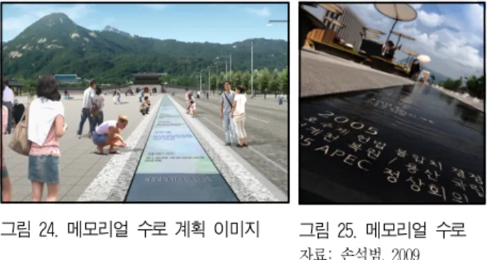 그림 24. 메모리얼 수로 계획 이미지 그림 25. 메모리얼 수로 자료: 손석범, 2009 글, 한복, 한식 등 ‘’브랜드를 체험할 수 있는 관광 상품 등 의 개발과 서울 정도(定都) 600년과 미래의 역사를 새겨나 갈 메모리얼 수로를 조성하여 자긍심 고취와 내․외국인의 한국문화와 역사를 체험할 수 있는 공간을 제공한다(그림 24, 25 참조)