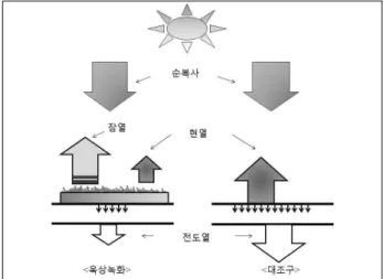 그림 3. 열수지 모식도 의 측정치를 사용하였다. 잠열 lE 는 옥상녹화의 중량변화로부터 증발산량E(g/h/m2)를 측정하고, 물의 증발잠열(J/kg)과표면온도Ts(℃)를 이용하여 산출하였다