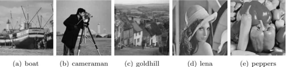 Figure 1. Dataset for numerical experiments: Five standard test images of the size 512 × 512.