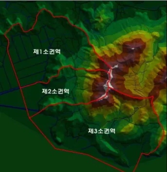 그림 3. 권역의 경관 기초단위 1차 설정 표 3. 가시빈도에 따른 경관자원 유형 가시빈도 생태자원 역사․문화자원 사회자원 높음 낮음 산(삼문산) 마을전체경관 논, 밭(간척지 포함)바다집과 담양식장 호수(약산호) 신앙공간(성황당,제각) 어폐류 및 해조류 건조장고목(보호수)마을안길방파제 및 어항시설 목초지 풍수적 배치 및 시설 마을 공동시설 하였으며, 사전 교육된 조경학 전공 학생을 조사원으로 하 여 2인 1조로 구성된 6명이 3개 소권역별로 2008년 8