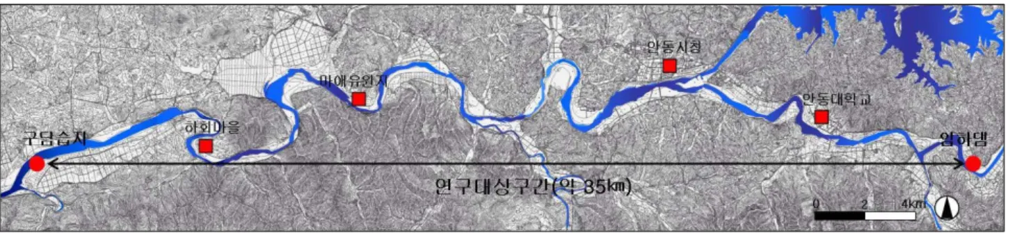 그림 1. 연구사례지 위치도 사이에 약 50% 정도가 감소한 것으로 보고되고 있다. 따라서  이러한 무분별한 연안 개발을 방지하고 특히, 지금까지 낙후지 역으로 방치되어 왔던 사례지를 자연을 전제로 한 친수 휴양활 동공간으로 다시 조성시켜 나갈 필요성이 강하게 부각되고 있 다(안동시, 2001)