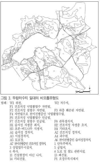 그림 3. 두량저수지 일대의 비오톱유형도 범례: W1 하천, W2 저수지, F1 건조지성 낙엽활엽수 자연림, F2 건조지성 침엽수 자연림, F3 하층 훼손된 자연림, F4 자연림으로 천이진행중인 낙엽활엽수림, F6 건조지성 낙엽활엽수 인공림, F7 건조지성 침엽수 인공림, F8 관목생식지, H1 습지성 자생종 최지, H2 건조지성 자생종 초지, H3 초본-버드나무 식생지, H4 기타초지, A1 습지성 경작지, A2 건조지성 경작지, A3 시설경작지, A4