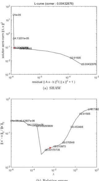 Figure 6. Plots of the L-curve when X ∈ R 400×400 is gener- gener-ated from SHAW function