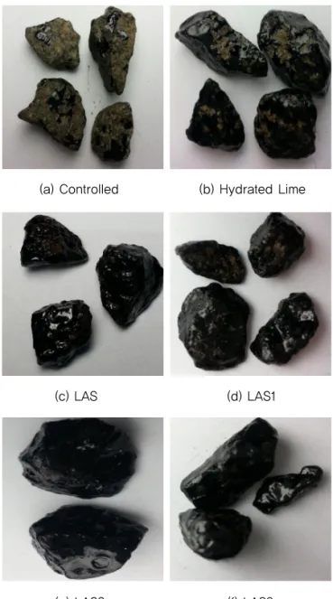Fig. 5에서 아무것도 첨가하지 않은 아스팔트 혼합물 의 경우 98.3%의 박리현상을 나타냈고 (a)아스팔트 혼 합물 골재의 상태를 살펴보면 골재에 아스팔트 코팅이 대부분 벗겨져 나간 것을 확인할 수 있다